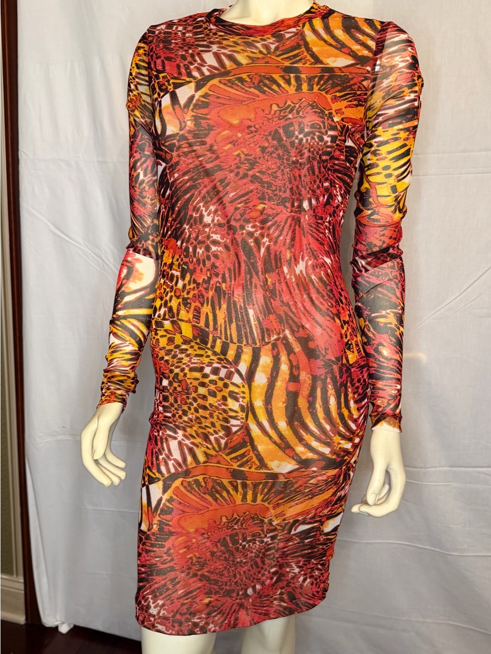 ABS Allen Schwartz Red and Orange Abstract Long Sleeve Bodycon Dress
